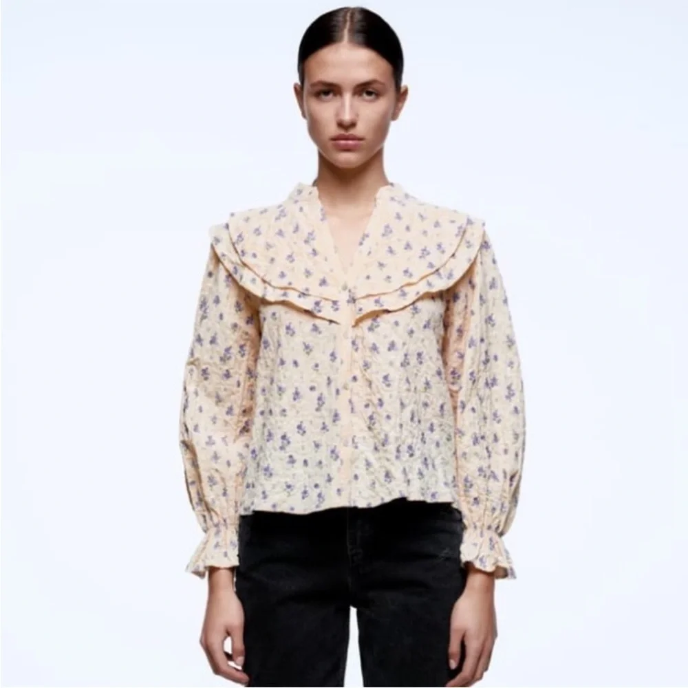 Zara Floral Textured Long Sleeve Top Bib Collar Blouse